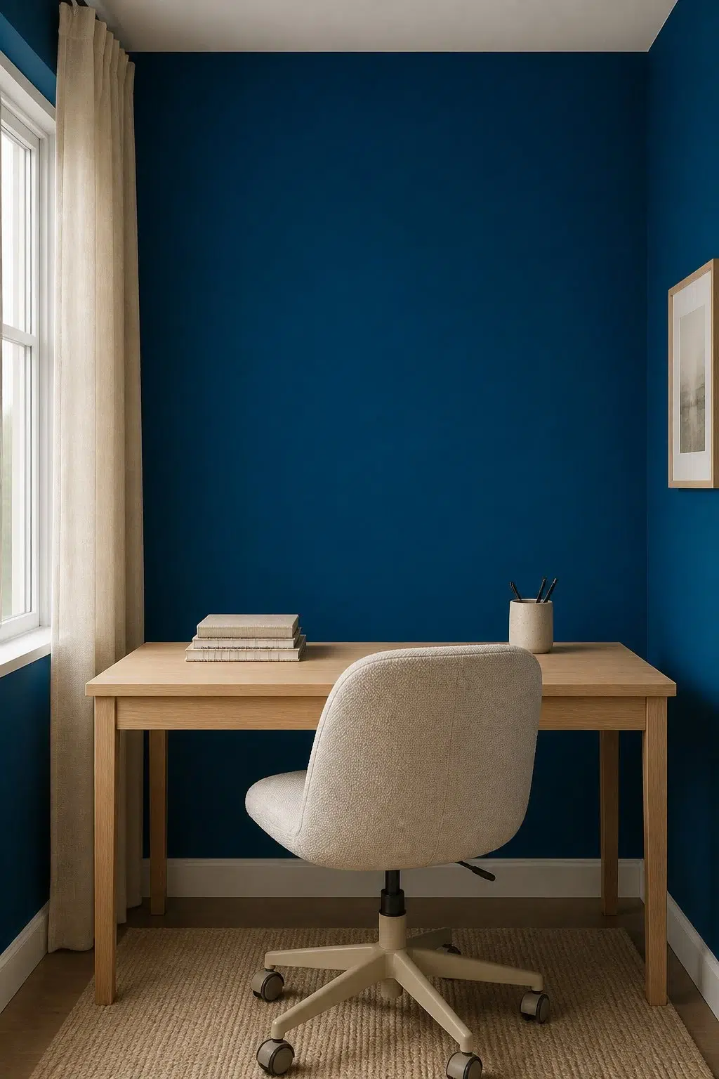 Sherwin-Williams Blue Grotto in a neutral home office