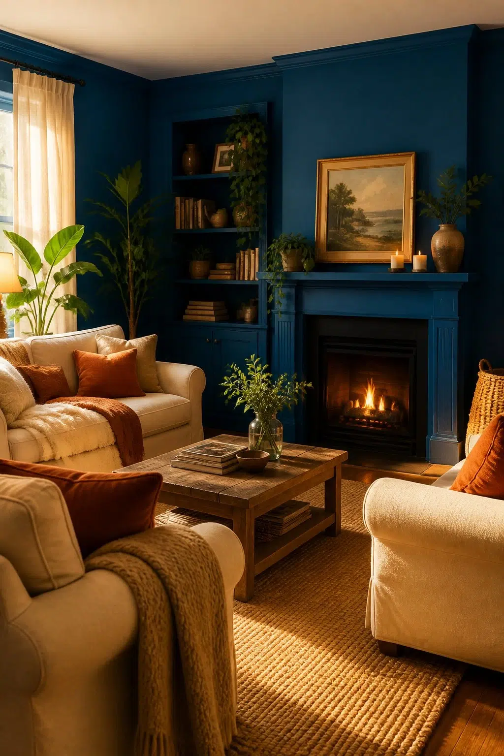 A cozy living room painted in Blue Grotto