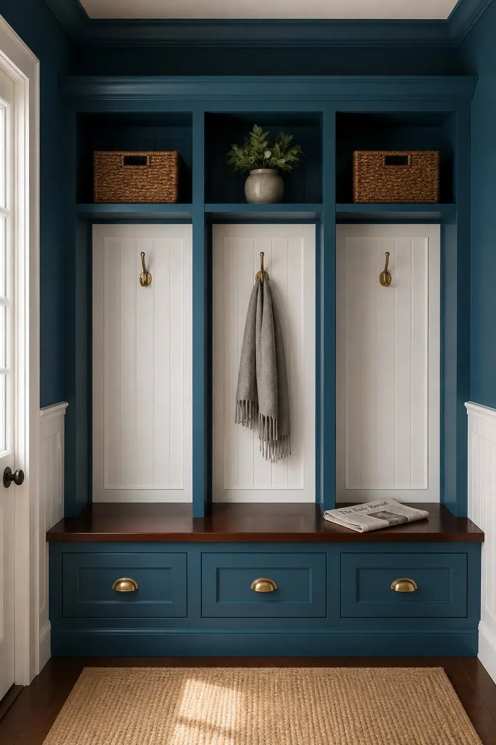 Blue Grotto paint in a traditional mudroom