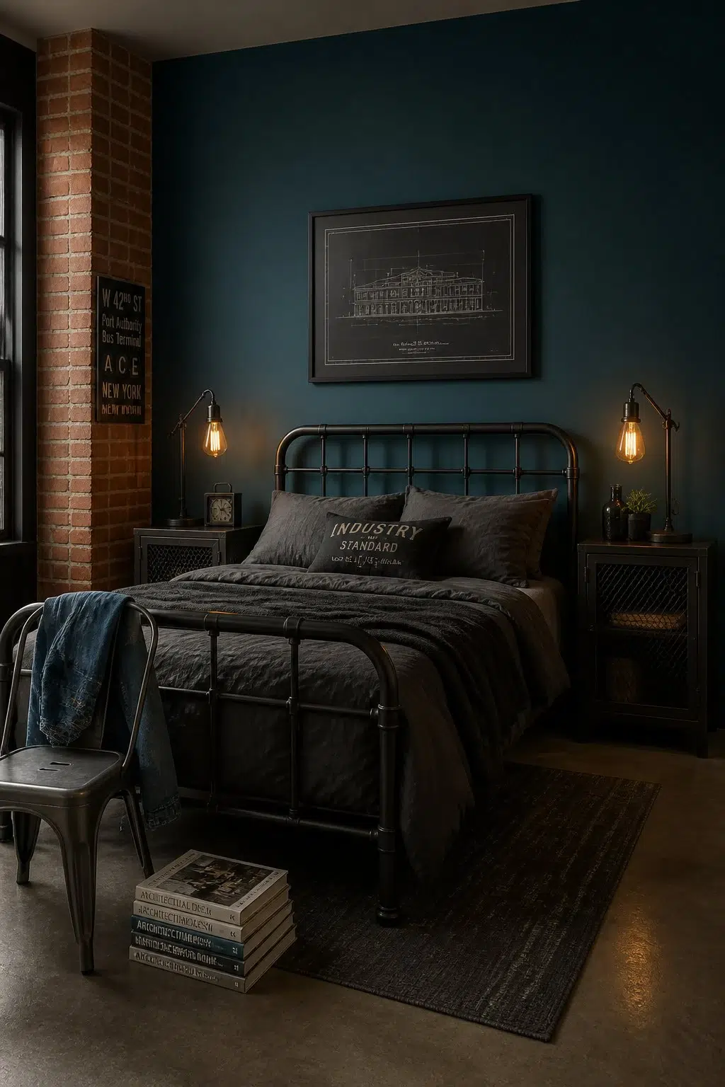 A industrial bedroom painted in Blue Hill