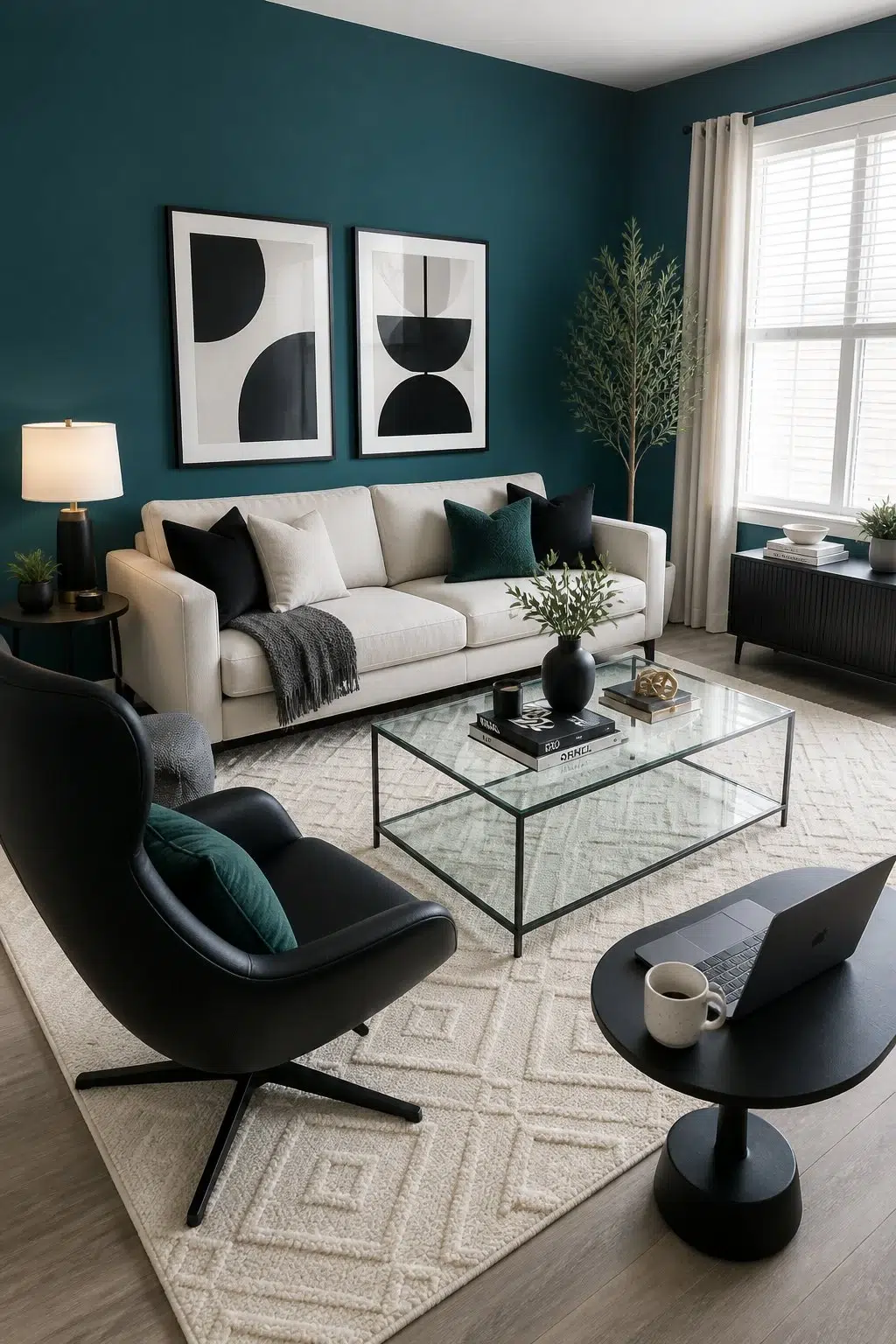A contemporary living room painted in Blue Hill