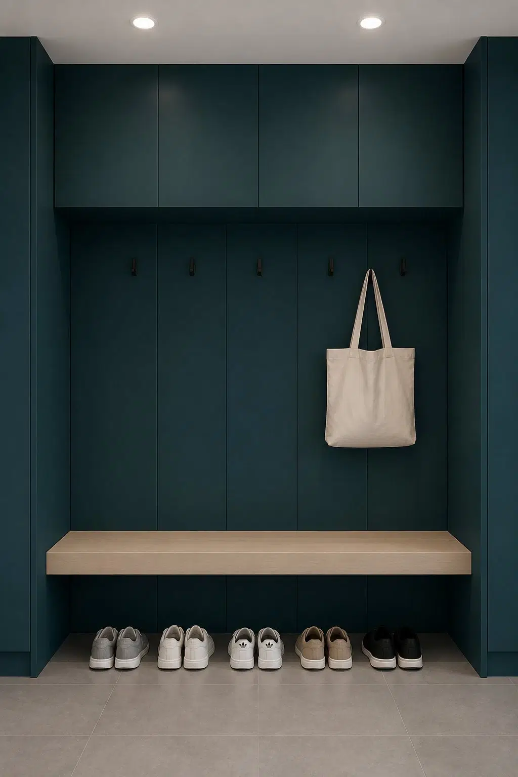 Blue Hill paint in a neutral mudroom