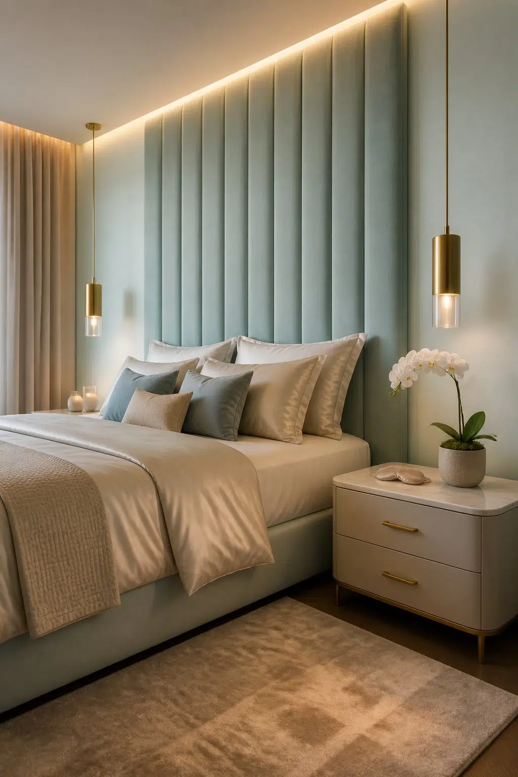 A modern luxury bedroom painted in Blue Horizon