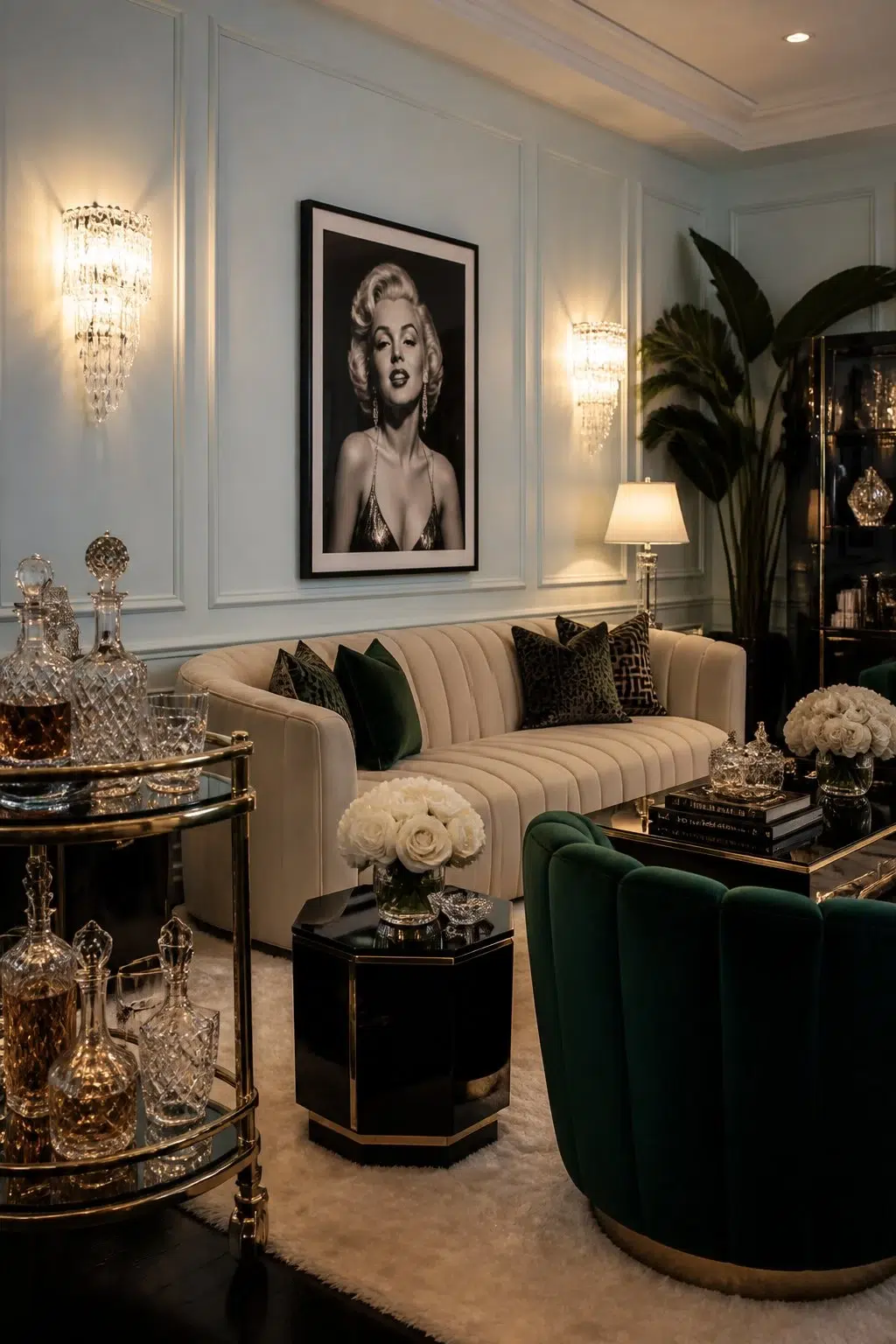 A hollywood regency living room painted in Blue Horizon
