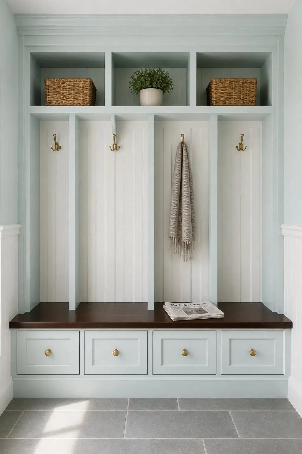 Blue Horizon paint in a traditional mudroom