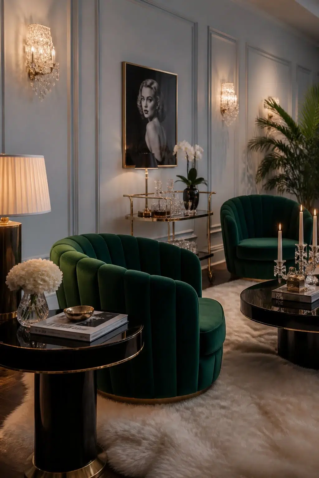 A hollywood regency living room painted in Blue Iris