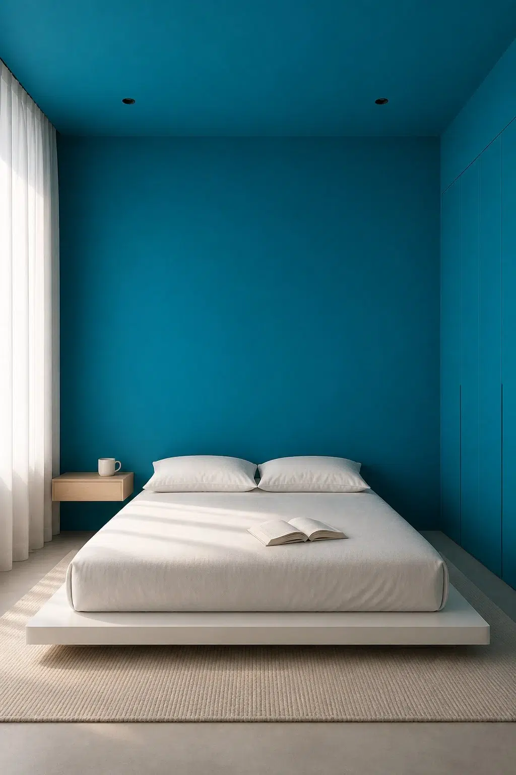 A minimalist bedroom painted in Blue Mosque