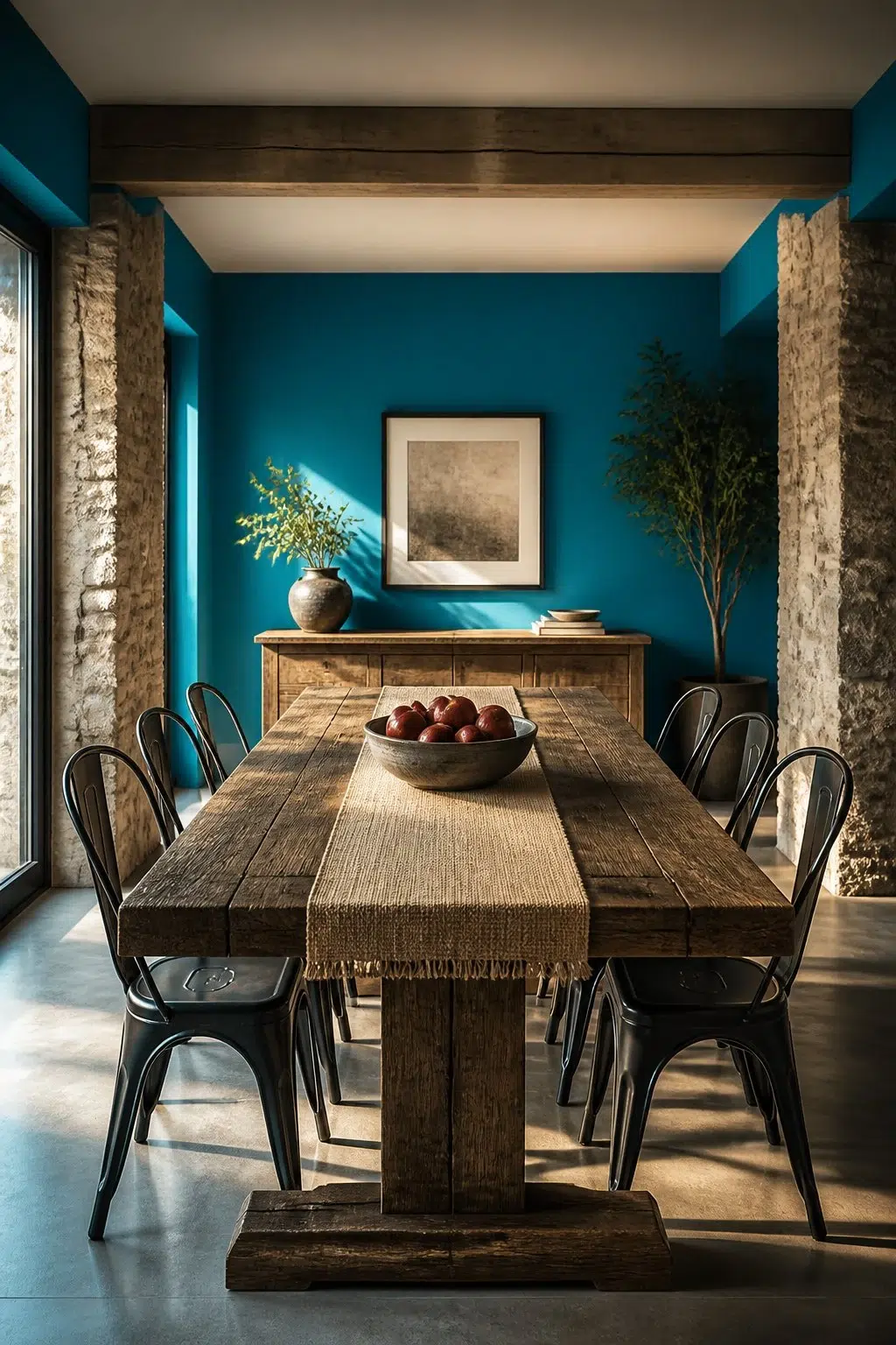 Blue Mosque paint in a rustic modern dining room