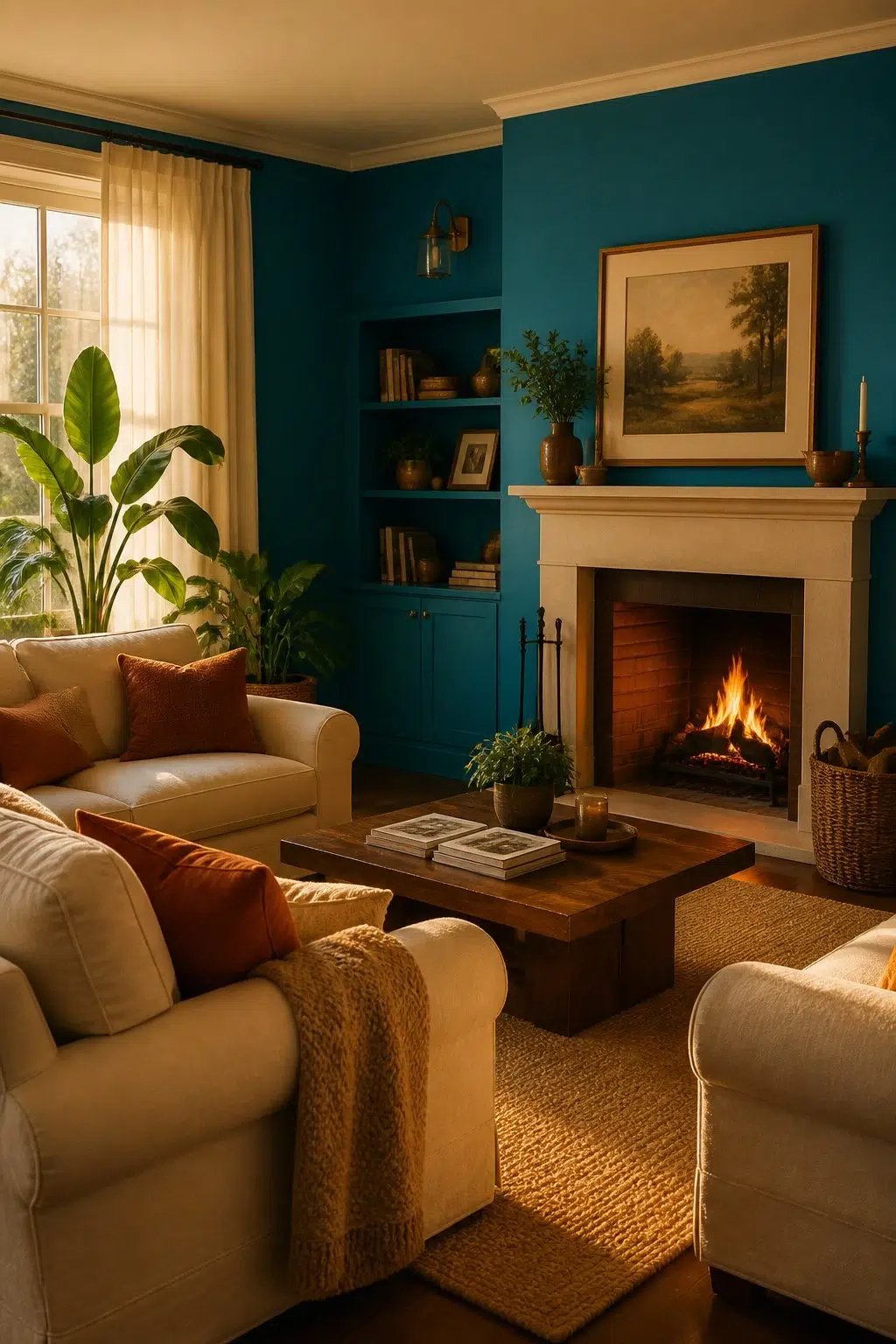 A cozy living room painted in Blue Mosque