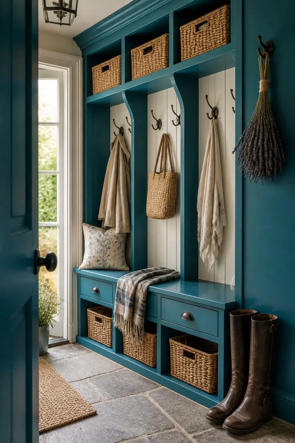 Blue Mosque paint in a cottagecore mudroom