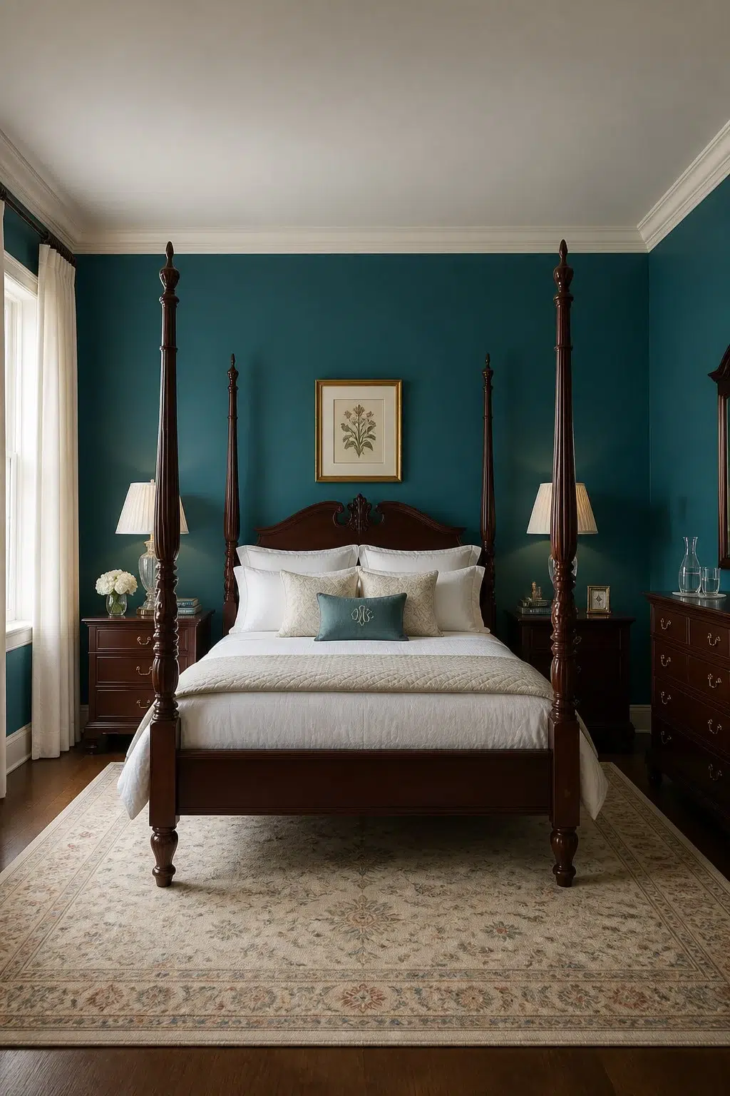 A traditional bedroom painted in Blue Nile