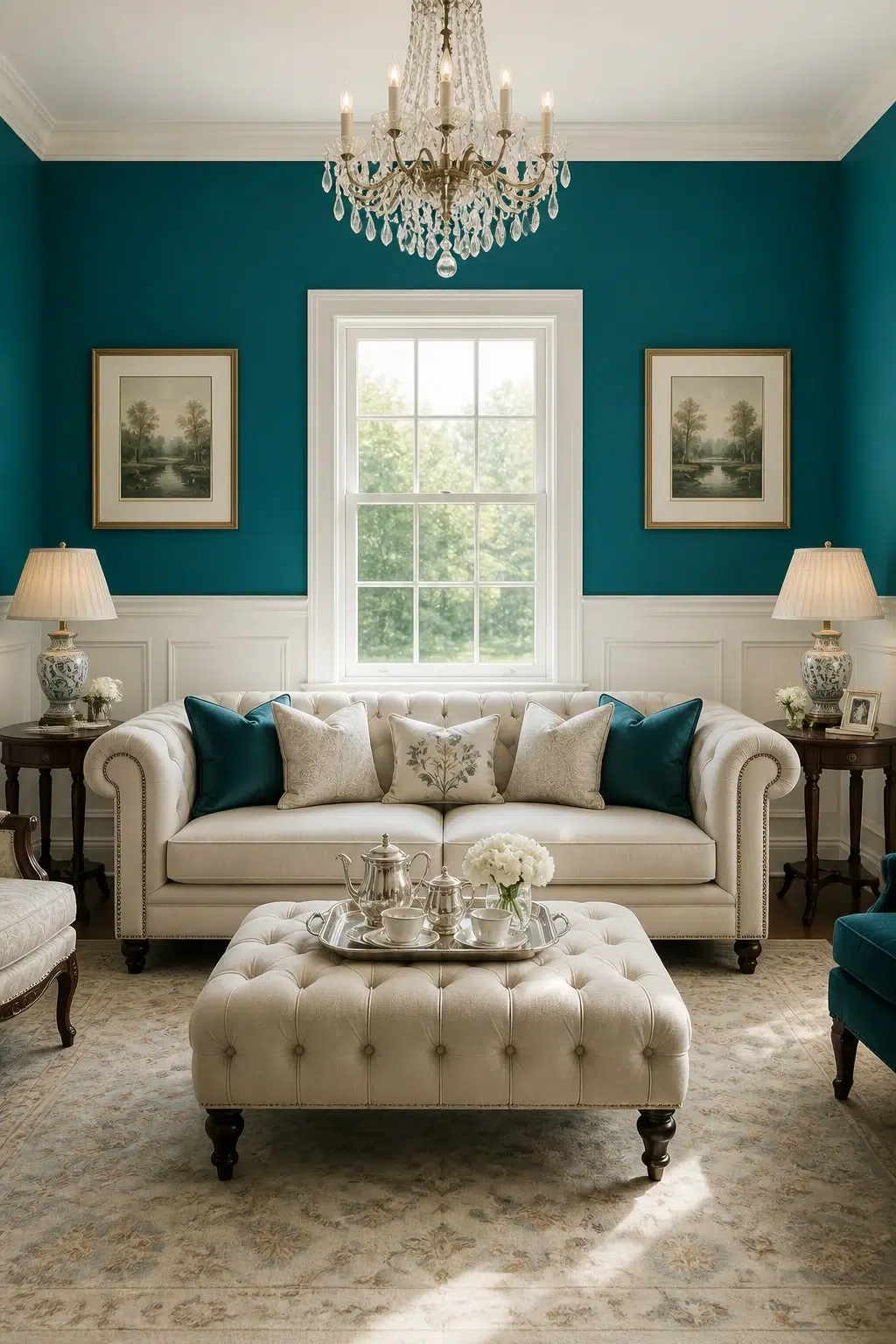 A elegant living room painted in Blue Nile
