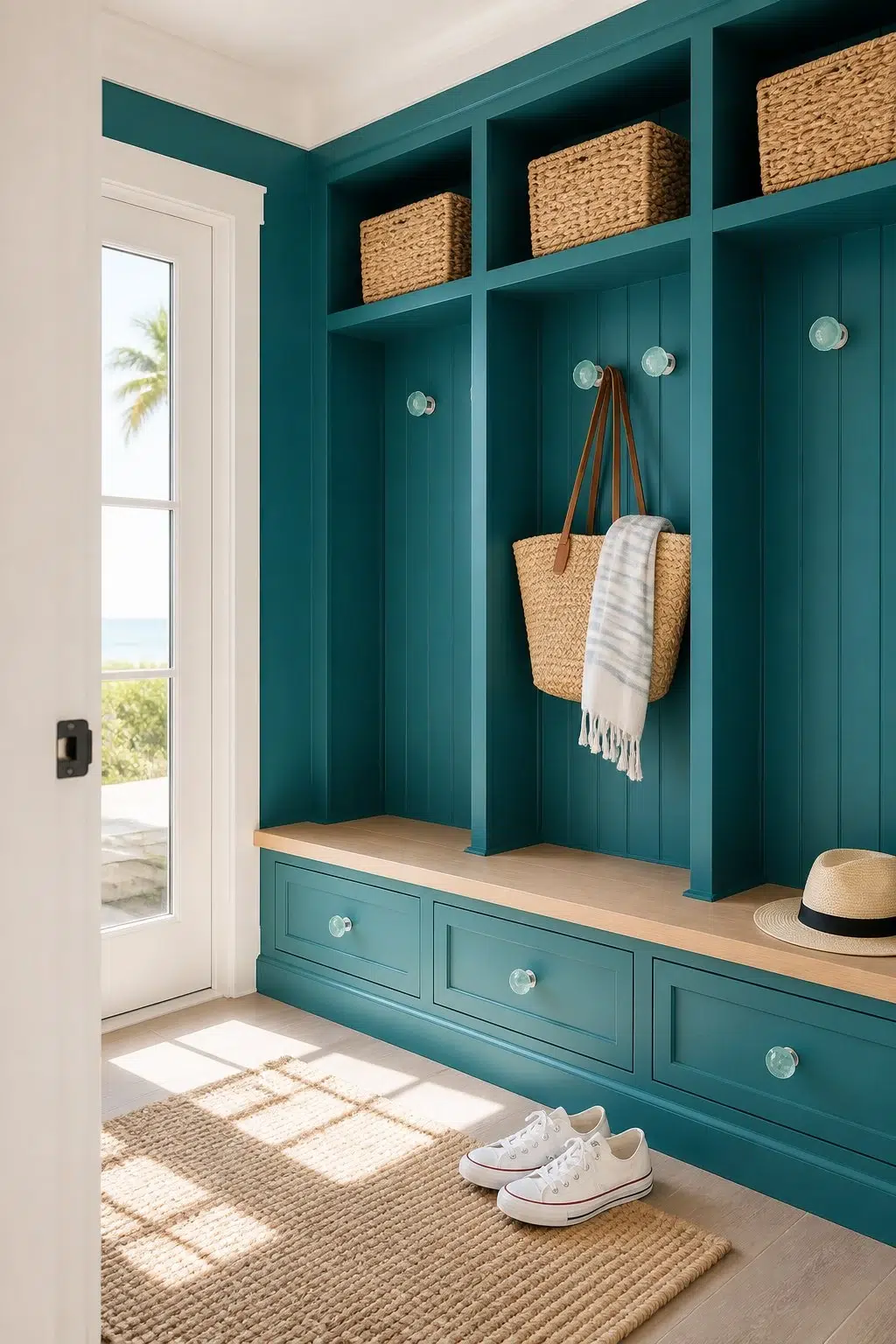 Blue Nile paint in a coastal mudroom