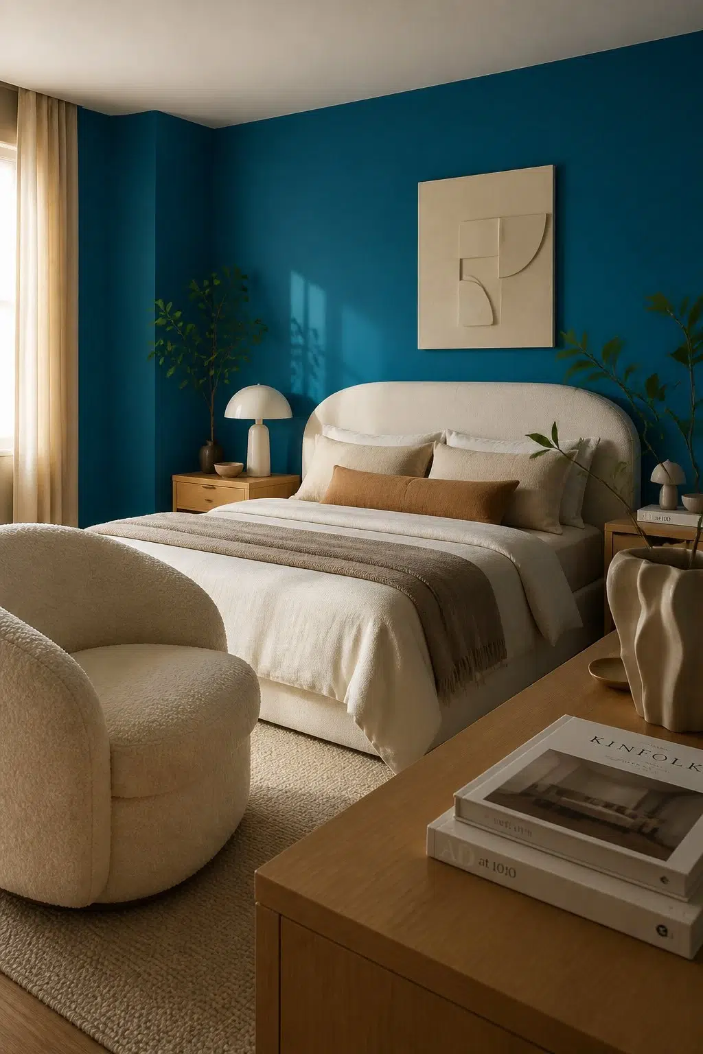 A organic modern bedroom painted in Blue Plate