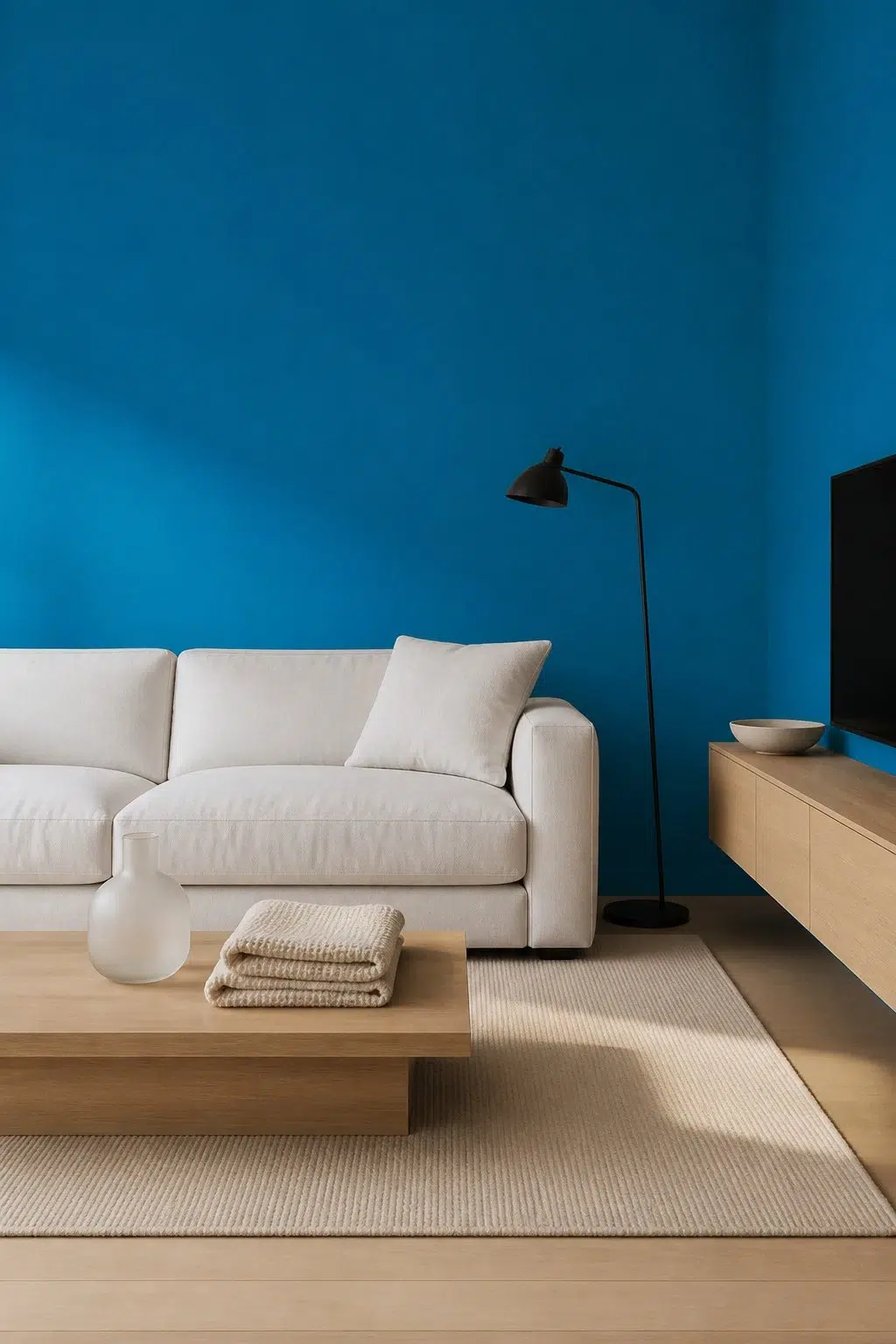 A minimalist living room painted in Blue Plate