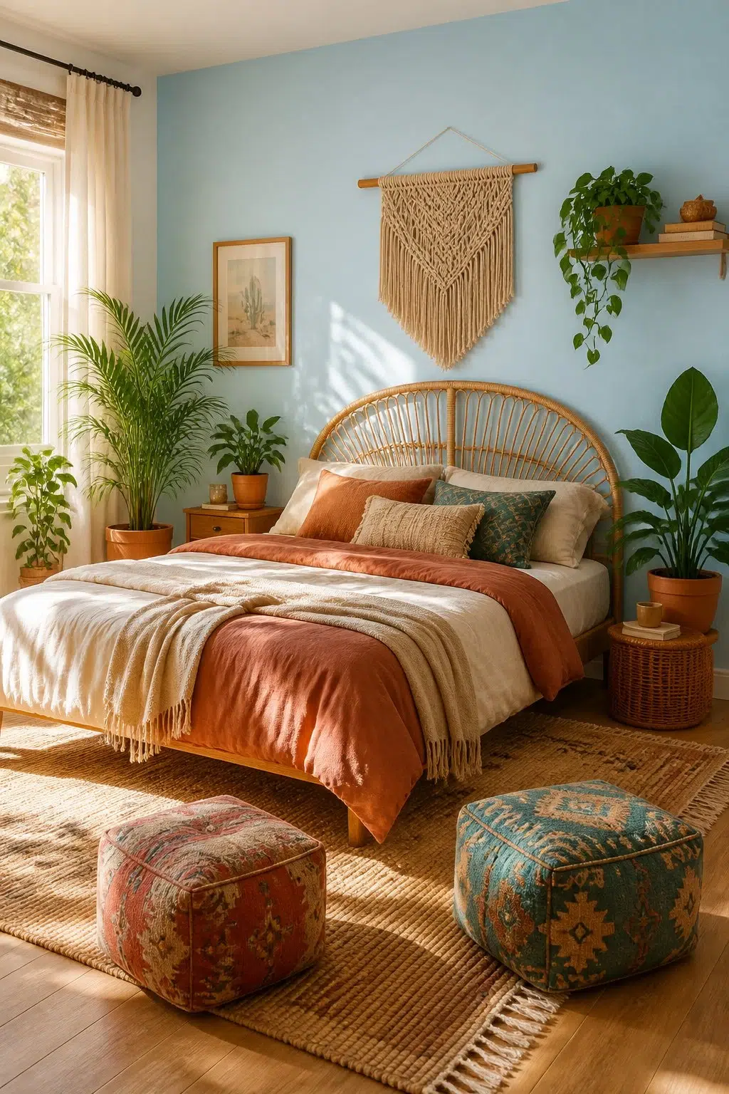 A boho bedroom painted in Blue Refrain