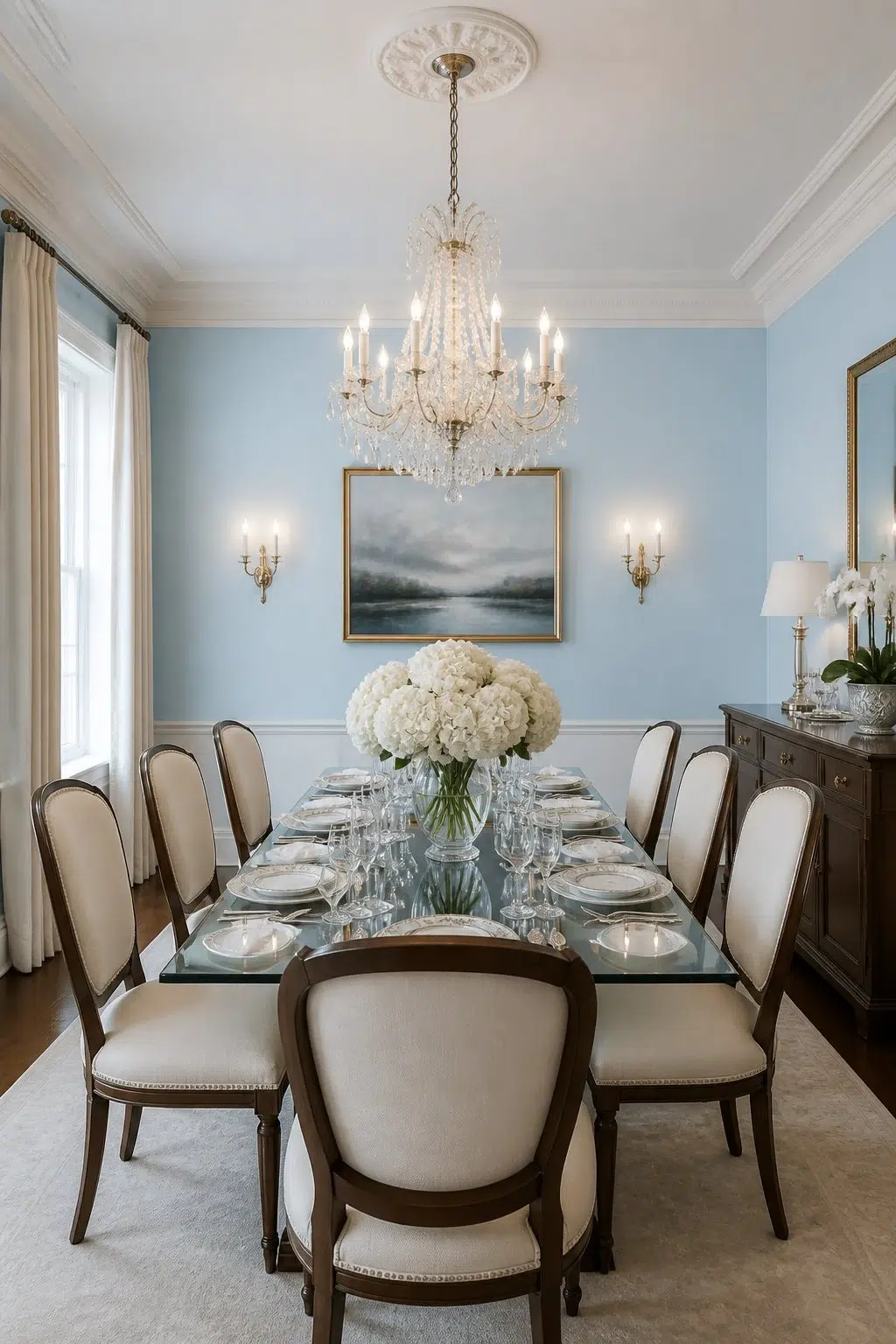 Blue Refrain paint in a elegant dining room