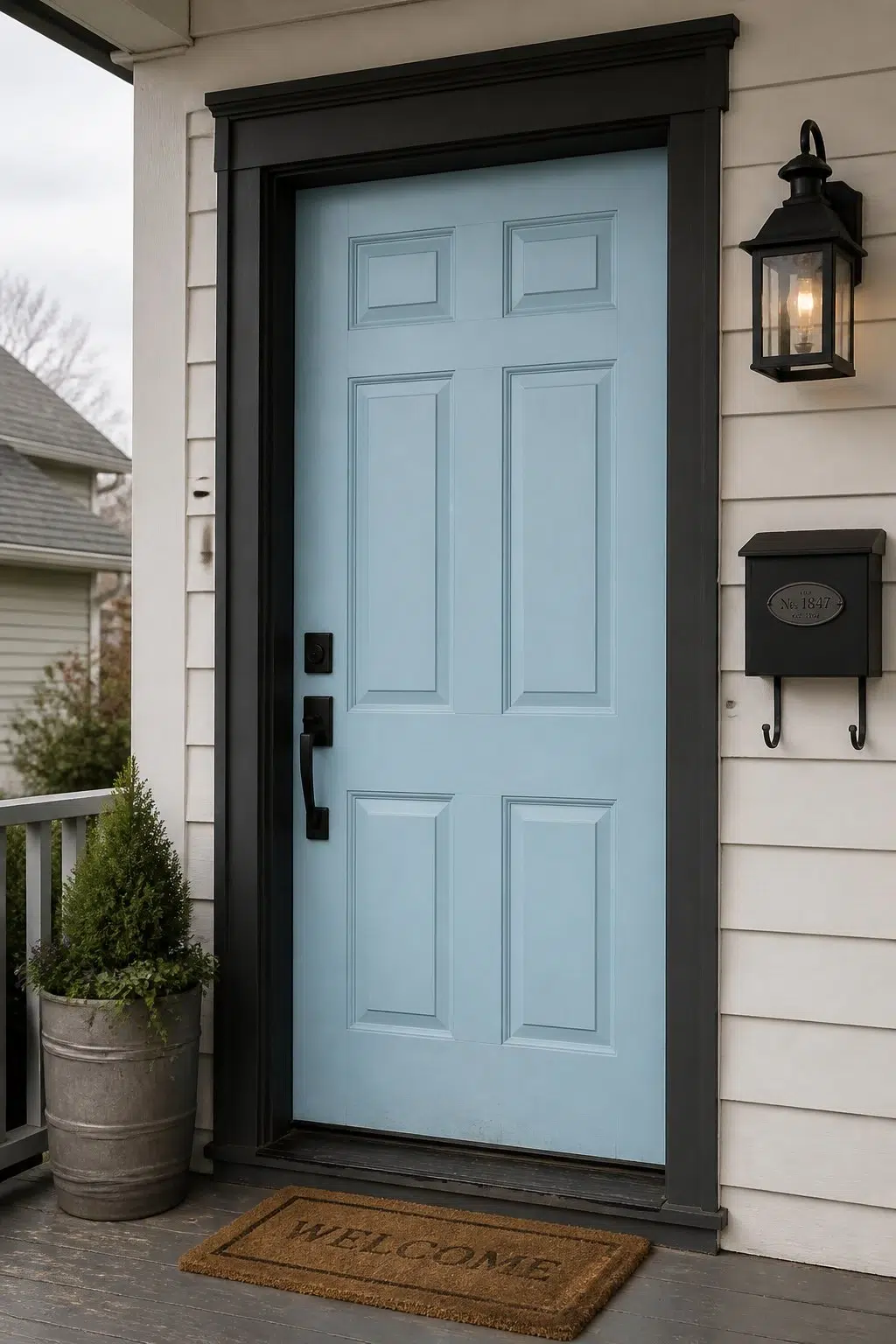 bold front door featuring Blue Refrain by Sherwin-Williams