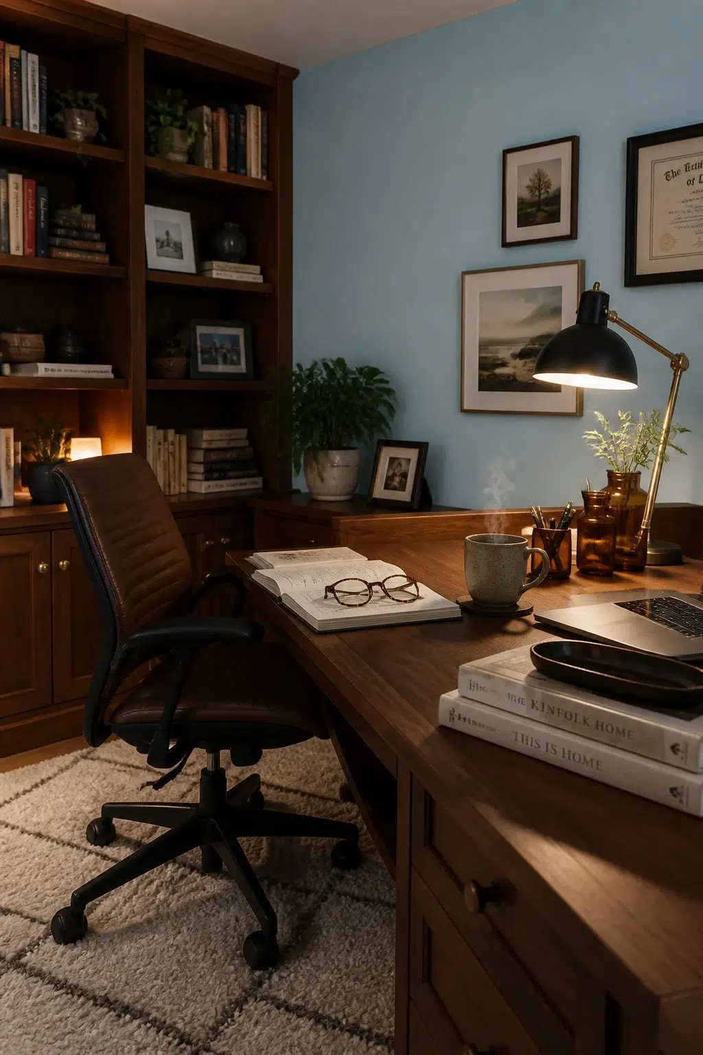 Sherwin-Williams Blue Refrain in a warm home office