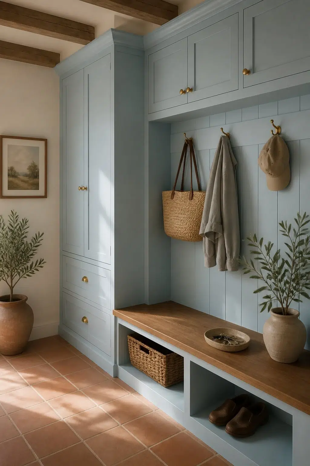 Blue Refrain paint in a earthy mudroom
