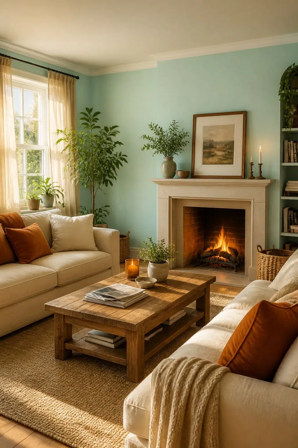 A cozy living room painted in Blue Sky