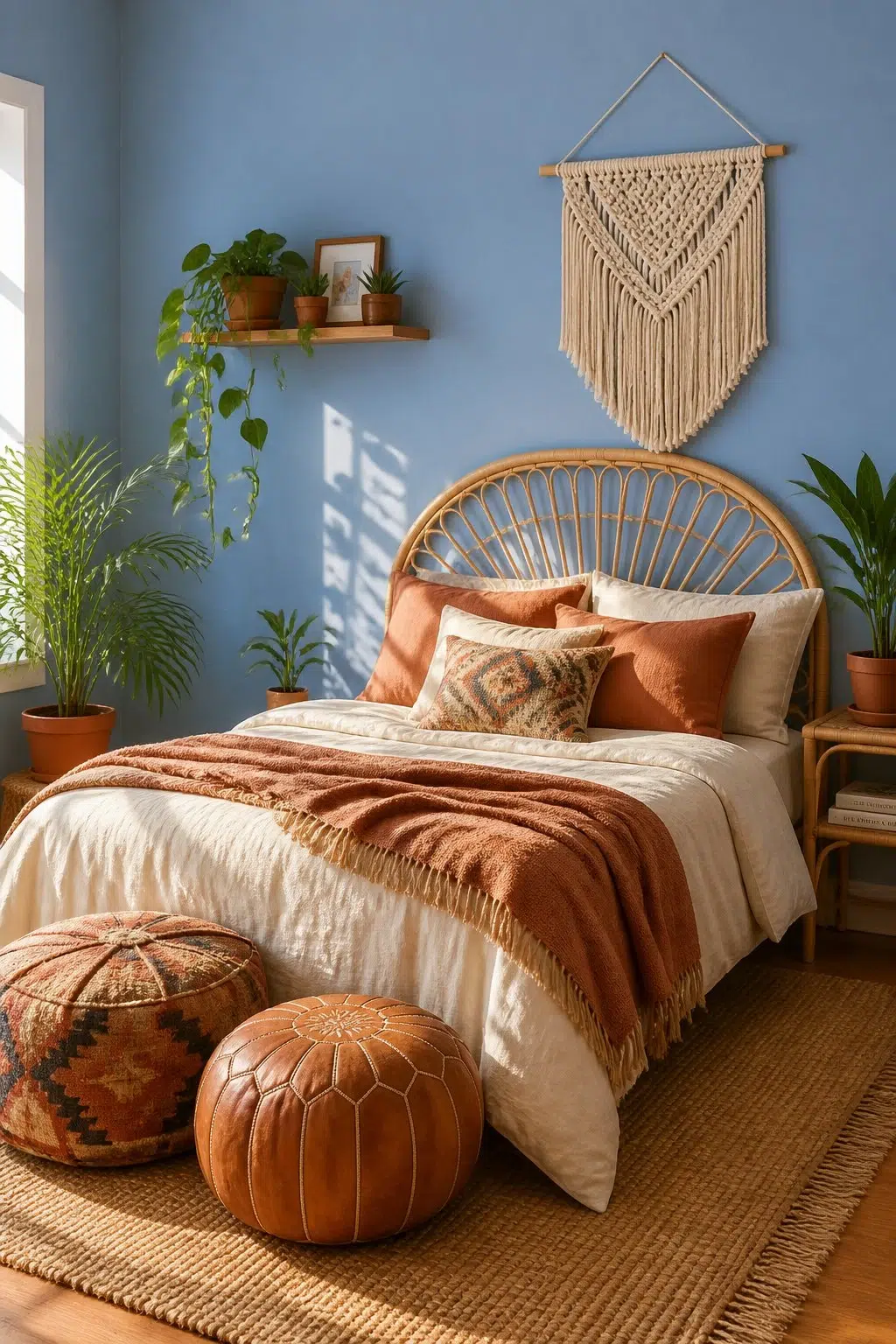 A boho bedroom painted in Bluesy Note