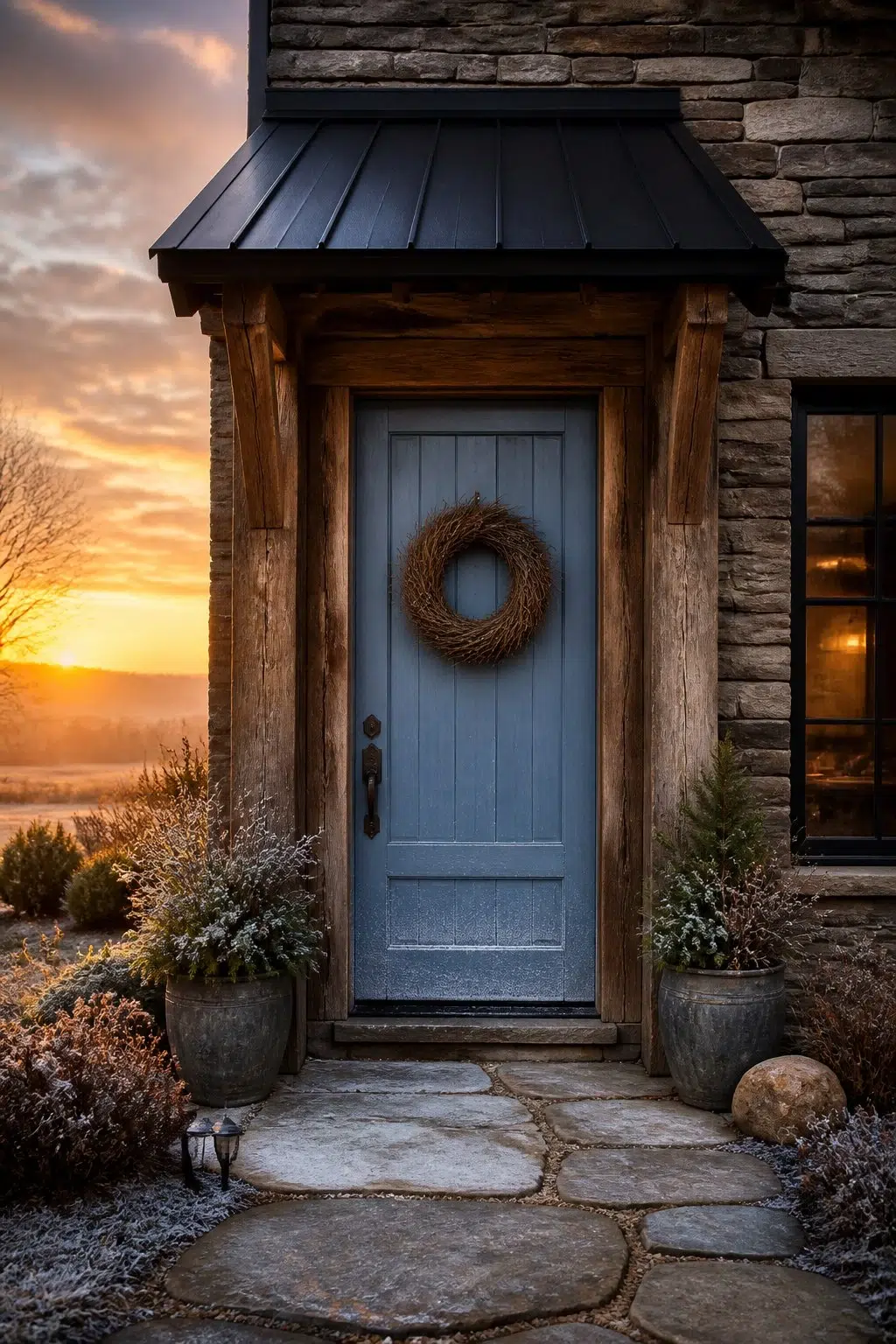 rustic modern front door featuring Bluesy Note by Sherwin-Williams
