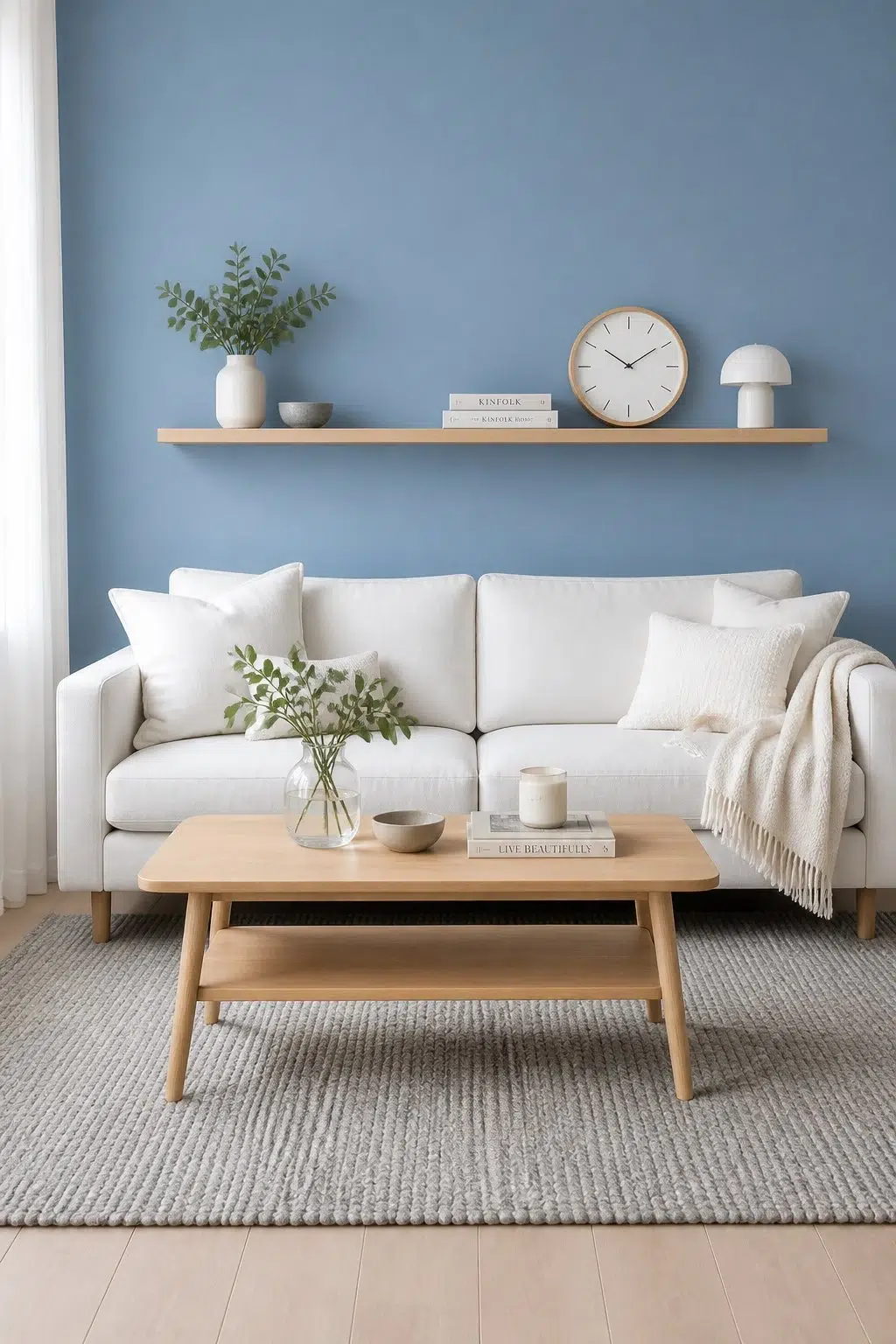 A scandinavian living room painted in Bluesy Note