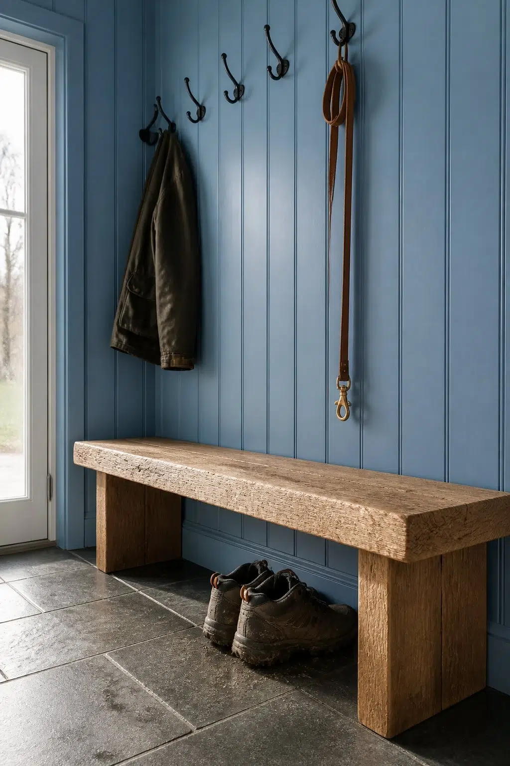 Bluesy Note paint in a rustic modern mudroom