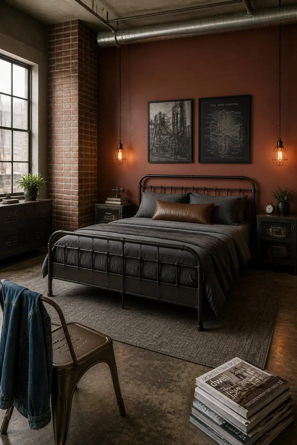 A industrial bedroom painted in Bold Brick