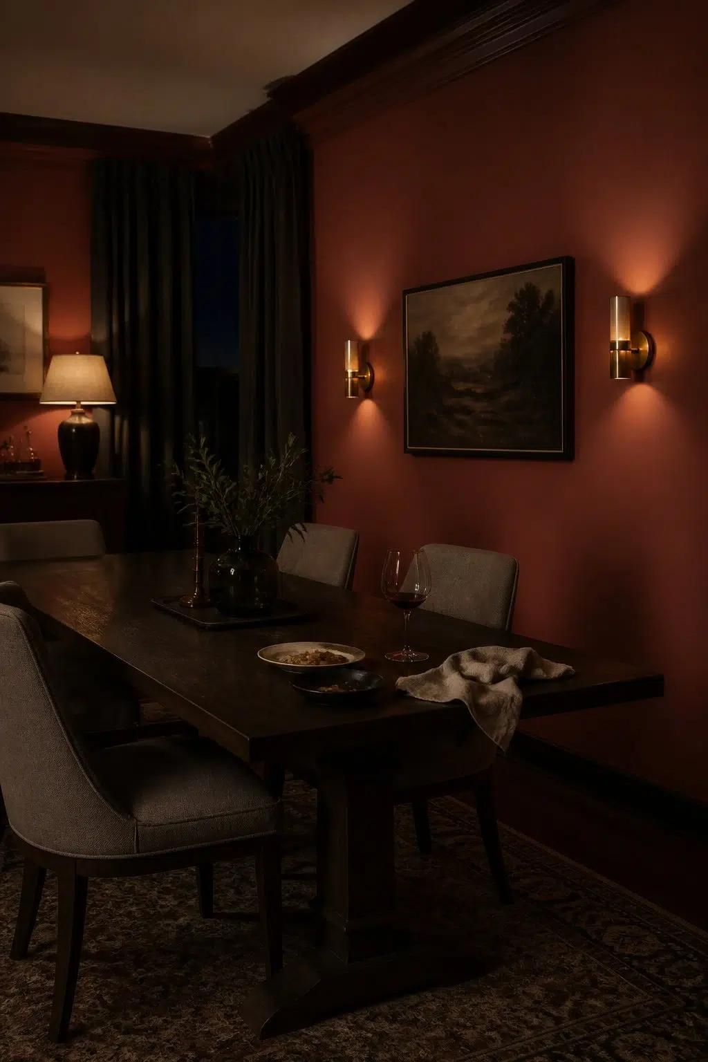 Bold Brick paint in a moody dining room