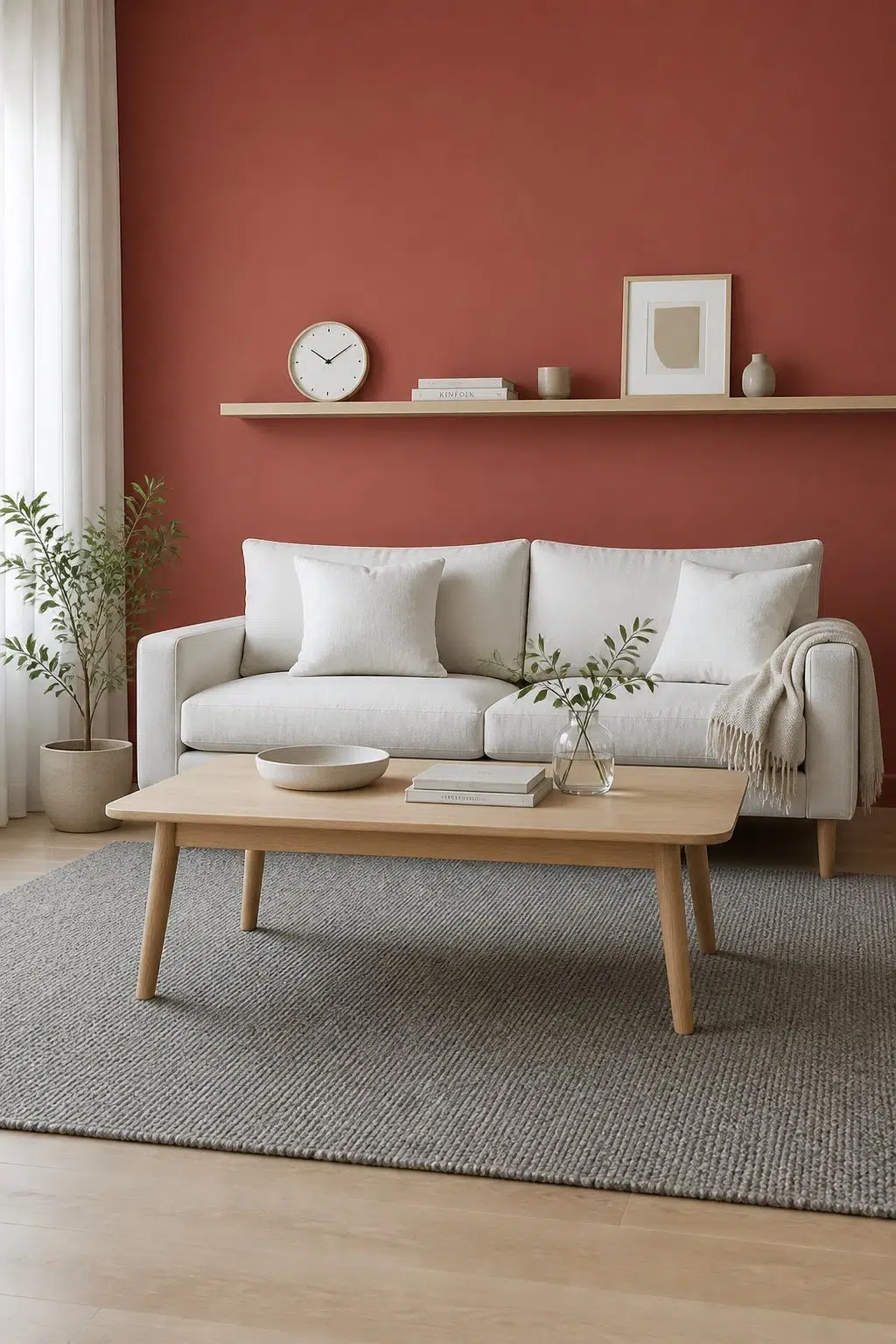 A scandinavian living room painted in Bold Brick