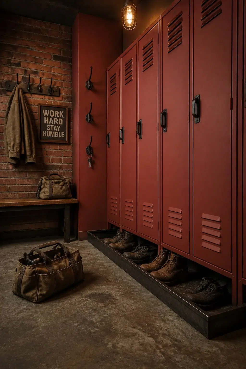 Bold Brick paint in a industrial mudroom