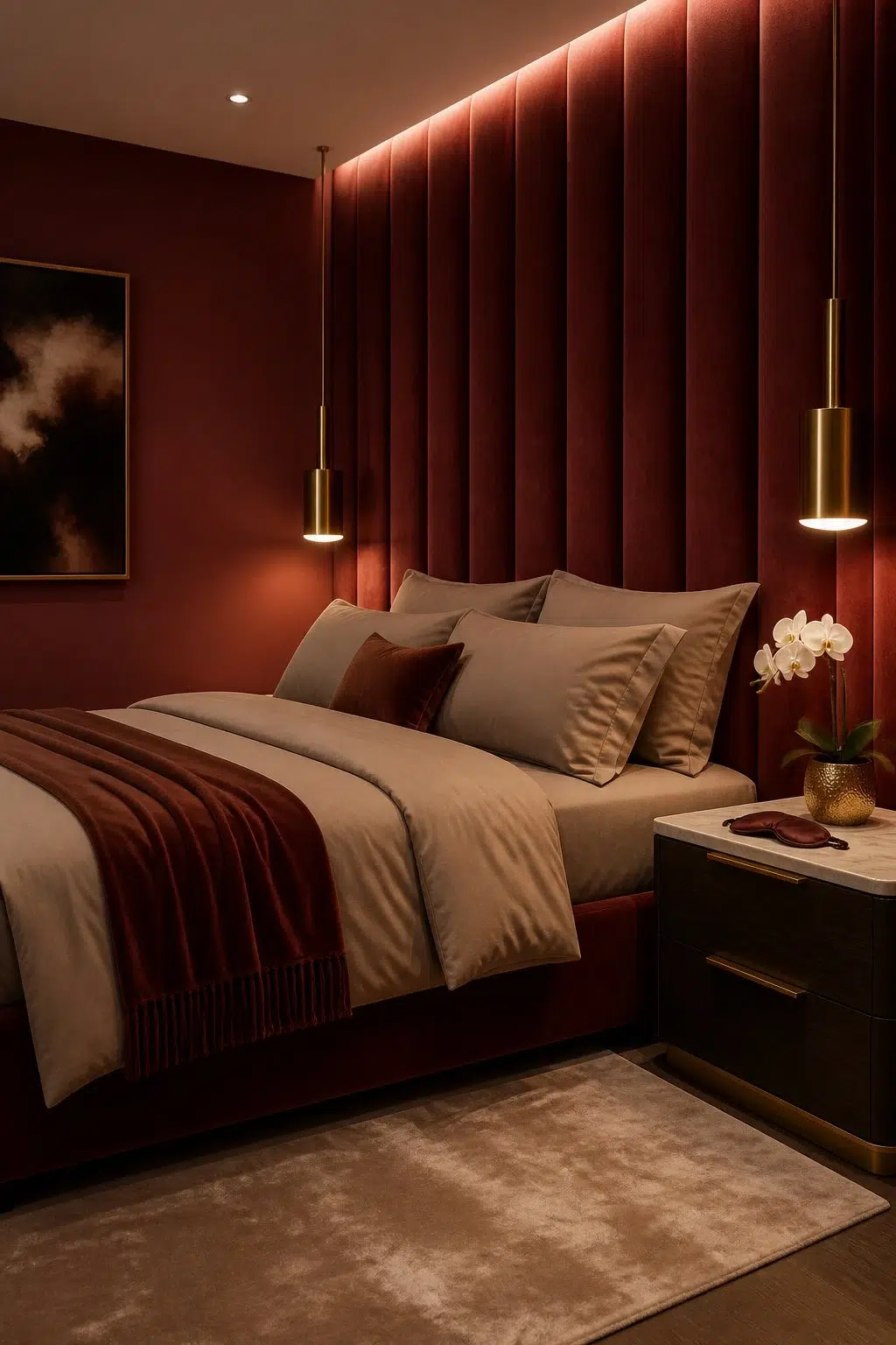 A modern luxury bedroom painted in Bolero