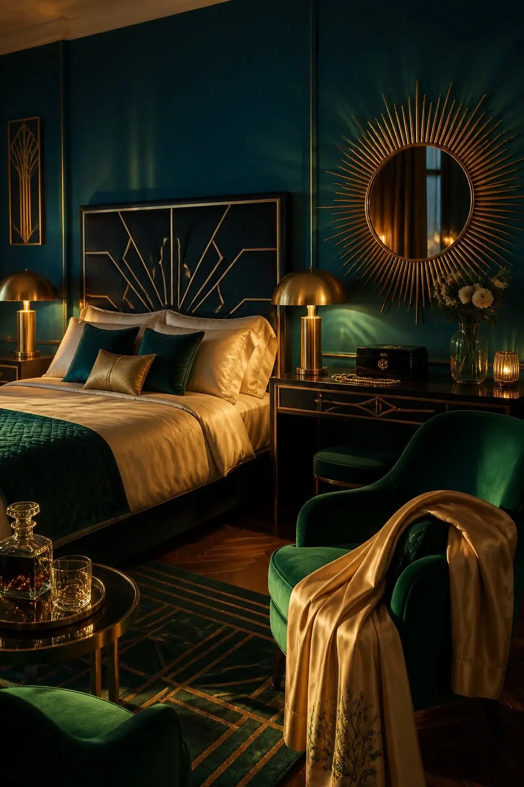 A art deco bedroom painted in Bosporus