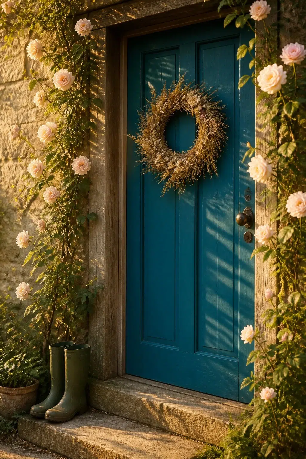 cottagecore front door featuring Bosporus by Sherwin-Williams