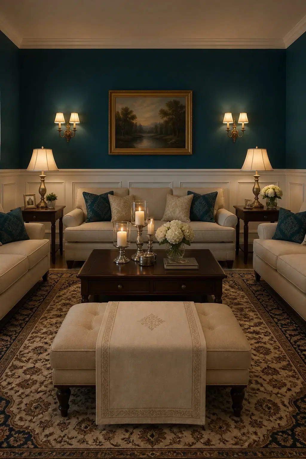 A traditional living room painted in Bosporus