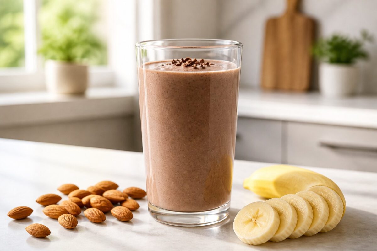 A chocolate protein shake in a glass beside sliced banana and almonds on a kitchen surface.
