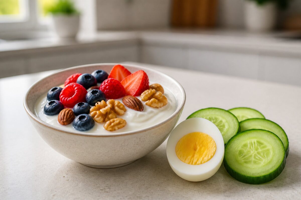 A bowl of yogurt with berries and nuts sits beside a halved boiled egg and cucumber slices on a kitchen counter.