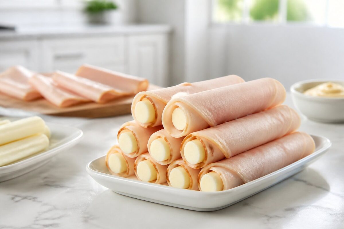 Turkey slices wrapped around pieces of string cheese on a kitchen counter.
