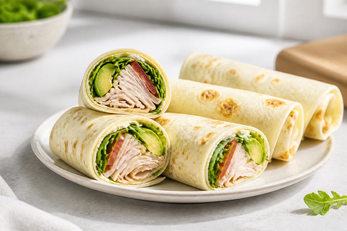 Egg white wraps filled with turkey, avocado, greens, and tomato on a kitchen surface.