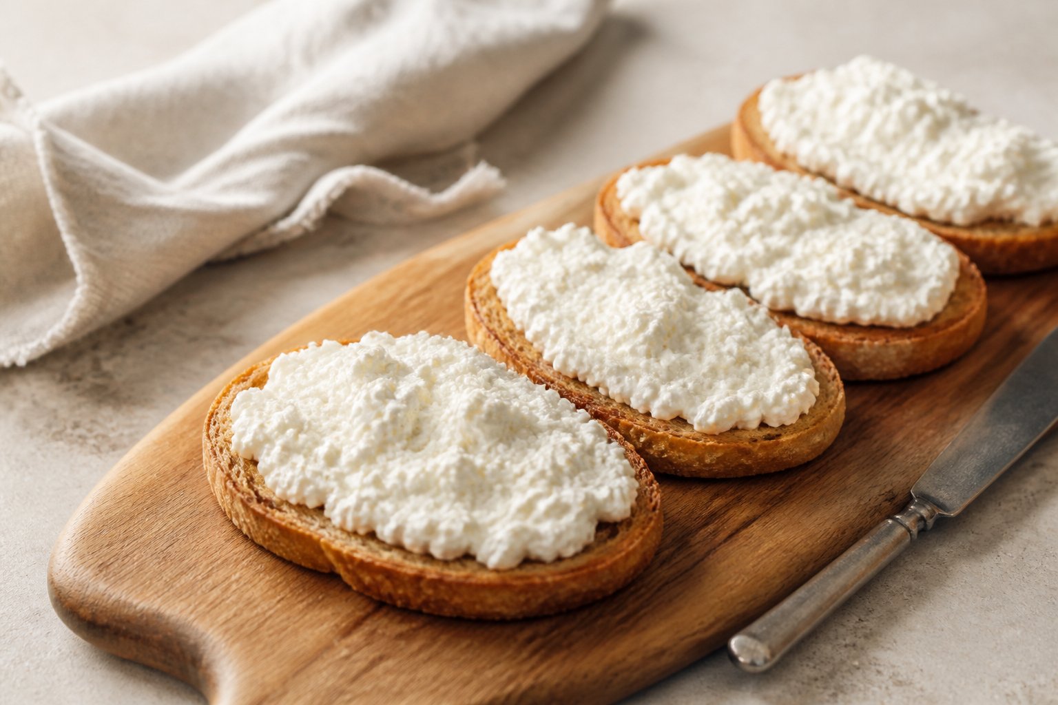 Thinly sliced toast topped with whipped cottage cheese on a kitchen counter.