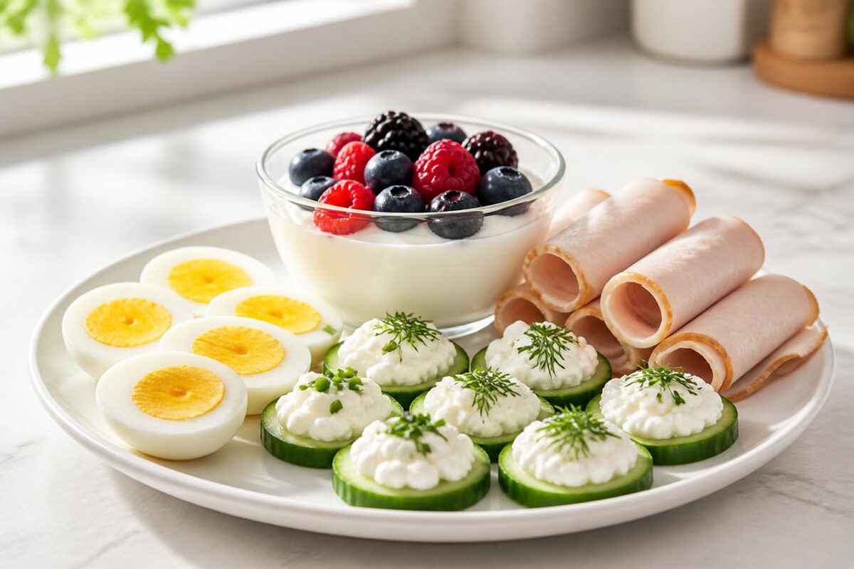 An assortment of high-protein snacks on a kitchen counter, including yogurt with berries, sliced eggs, cucumber with cottage cheese, and turkey roll-ups.