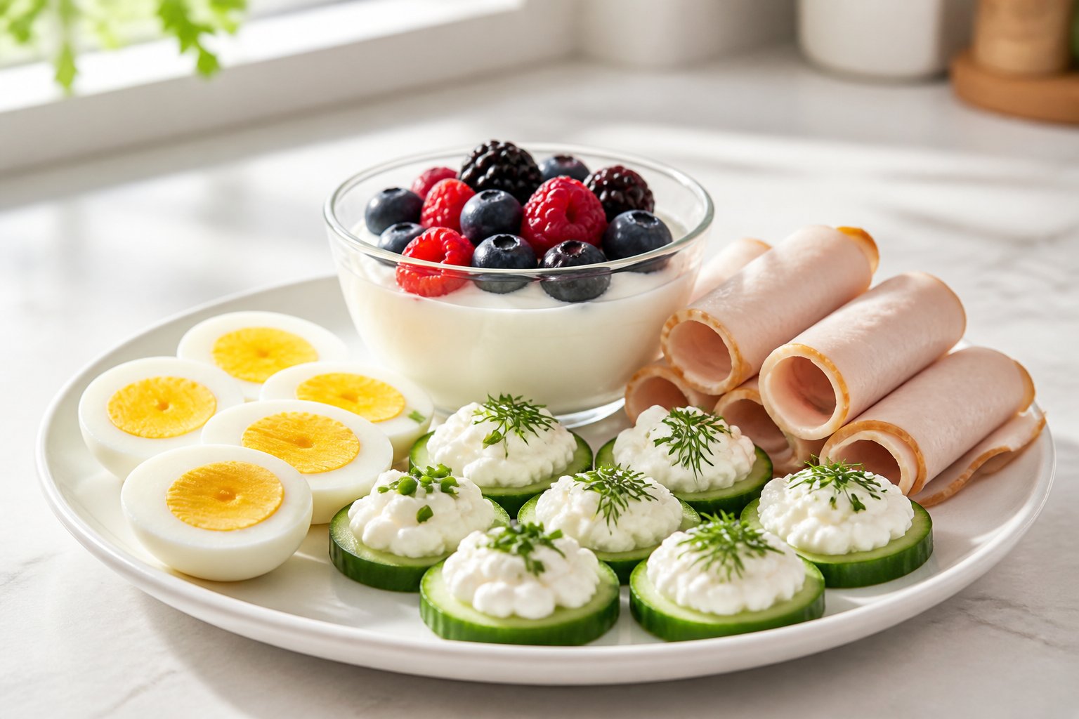 An assortment of high-protein snacks on a kitchen counter, including yogurt with berries, sliced eggs, cucumber with cottage cheese, and turkey roll-ups.