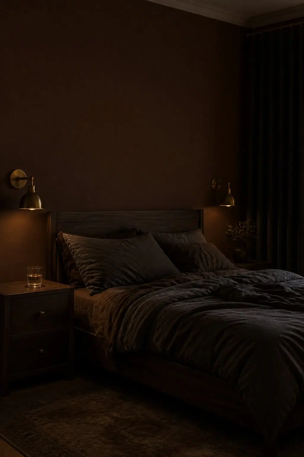A moody bedroom painted in Bramble Bush