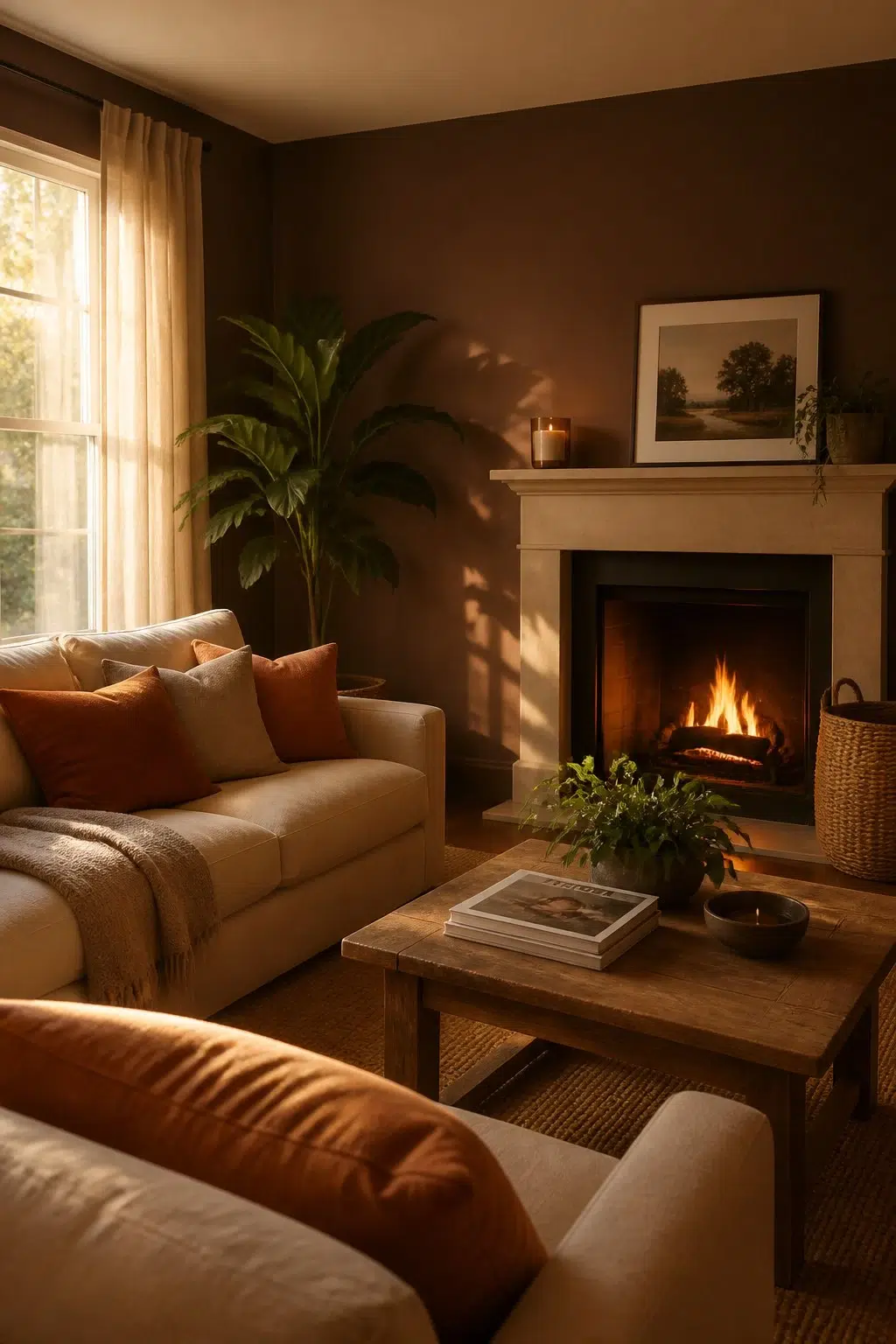 A cozy living room painted in Bramble Bush