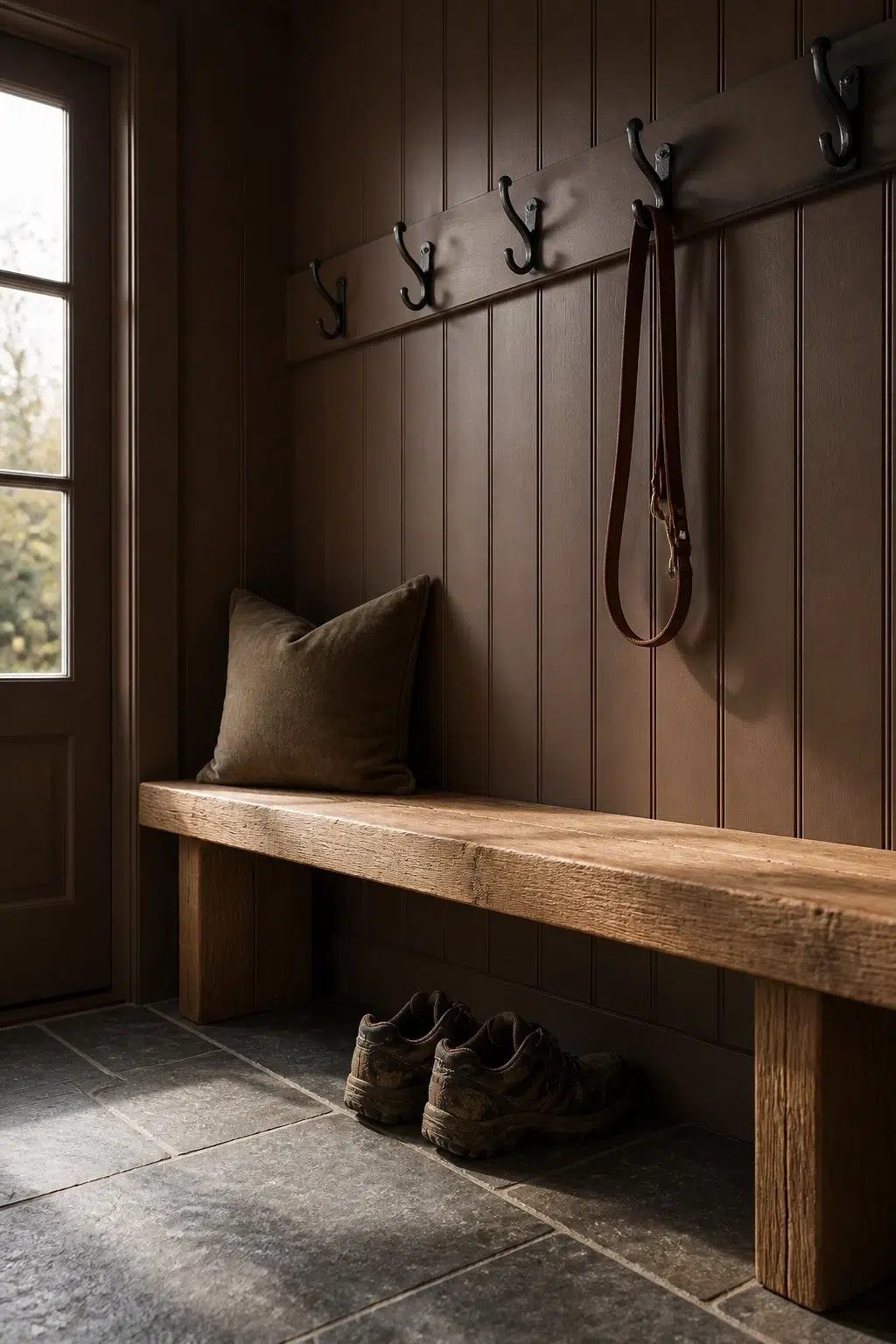 Bramble Bush paint in a rustic modern mudroom