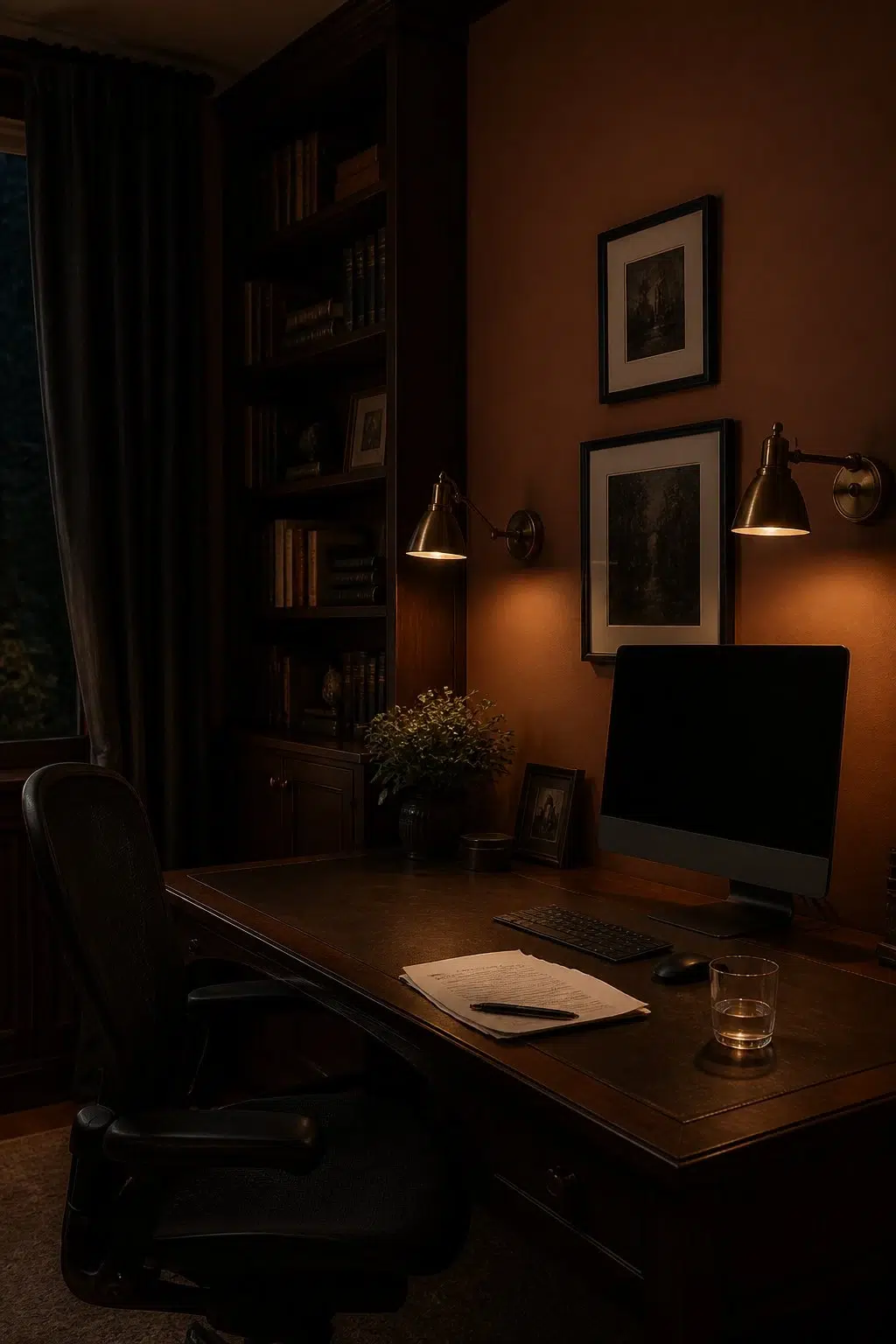 Sherwin-Williams Brandywine in a moody home office