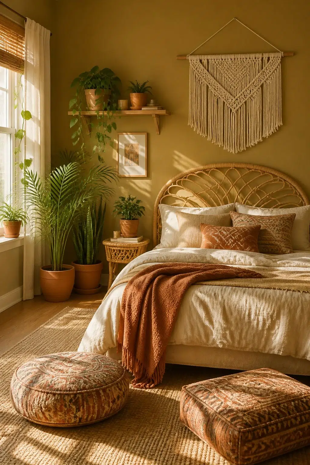 A boho bedroom painted in Brassy
