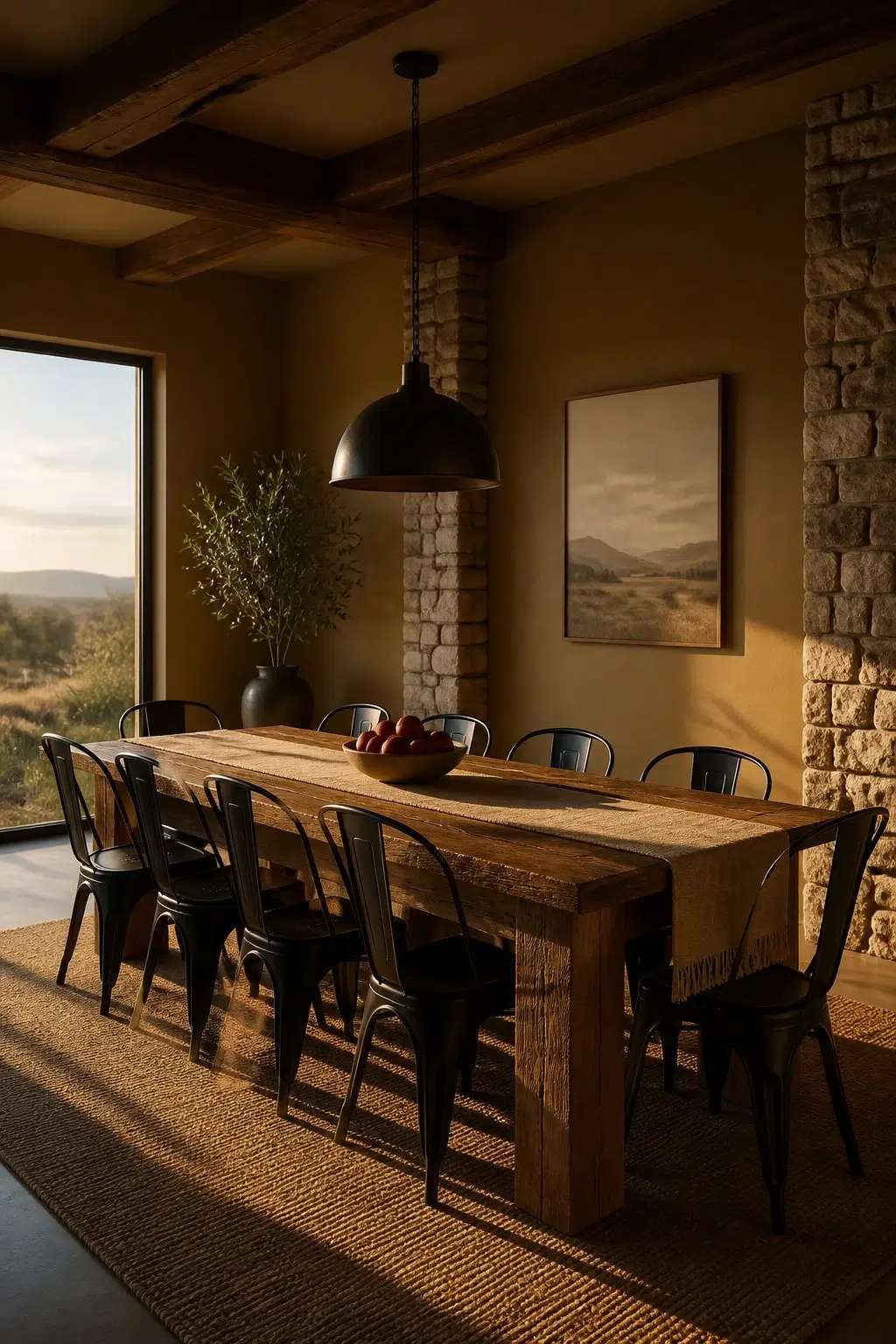 Brassy paint in a rustic modern dining room